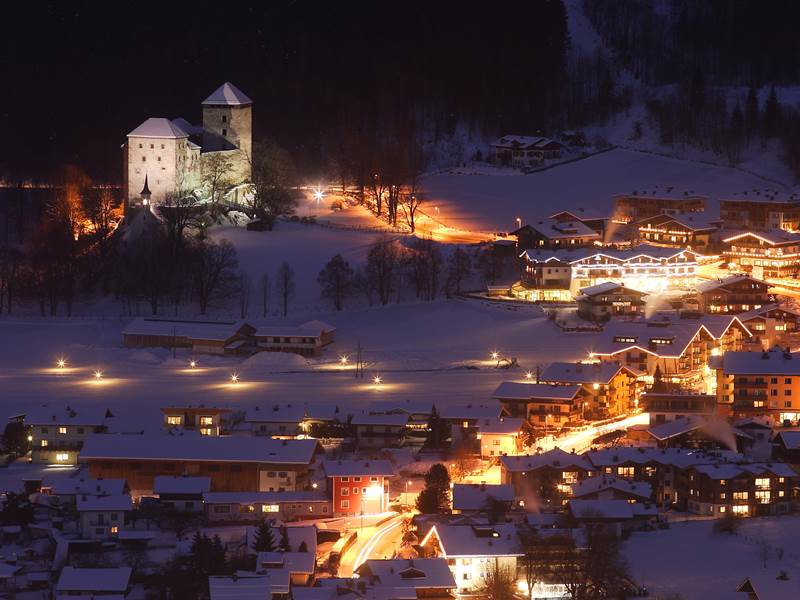 The beautiful Kaprun ski resort in Austria overlooked by the Kaprun Castle.